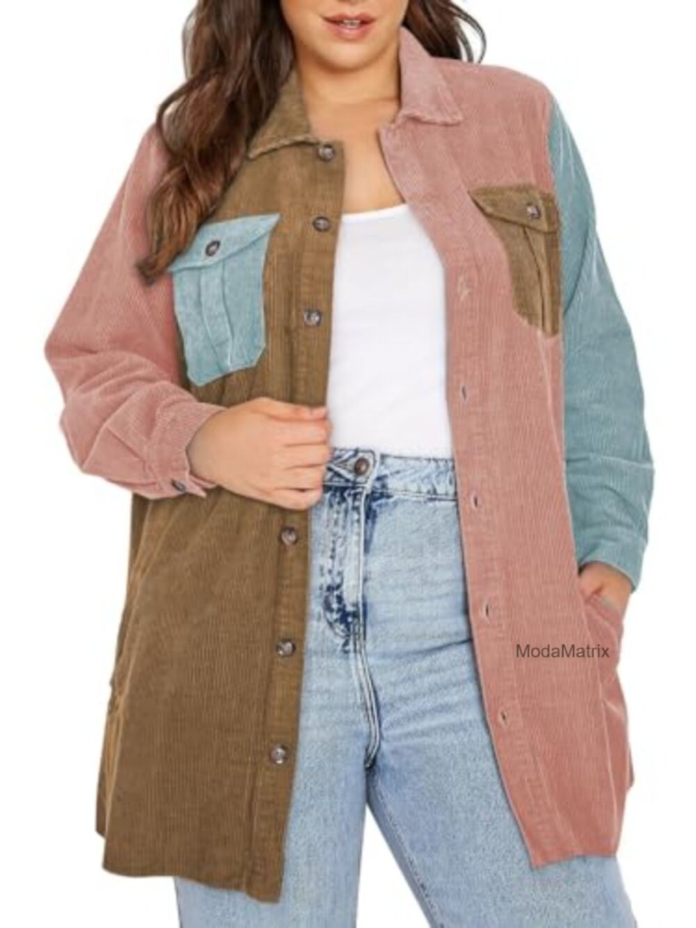 Plus Size Corduroy Shacket Button Front Long Sleeve Boyfriend Jacket